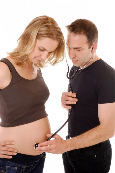 Zwangere Vrouw Man Met Een Stethoscoop — Stockfoto