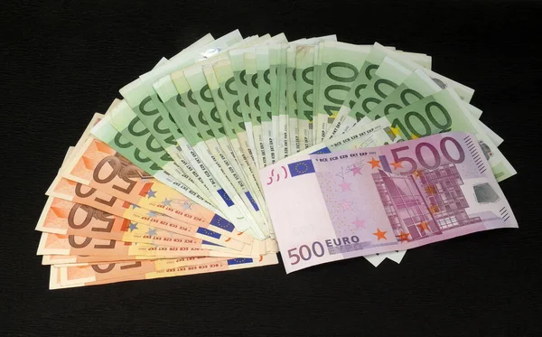 Banconote Monete Euro Sfondo Nero — Foto Stock