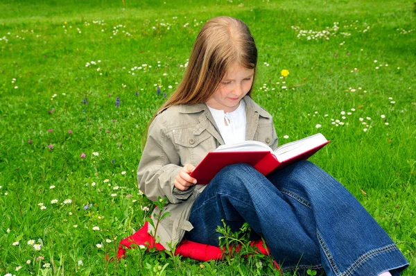 Kind Liest Buch Auf Wiese — Stockfoto