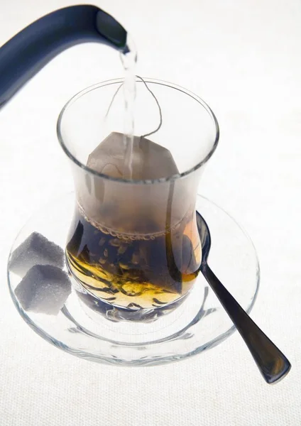 Verre Thé Avec Sucre Une Cuillère — Photo