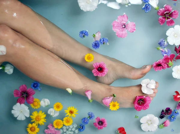 Tratamento Spa Pernas Mulher Com Flores Pedicure — Fotografia de Stock