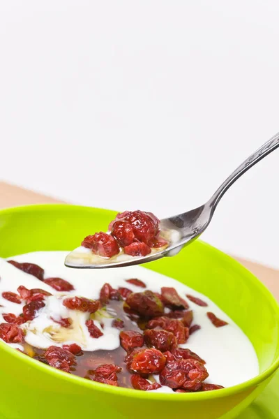 Skål Med Naturlig Yoghurt Tranbär Och Honung — Stockfoto