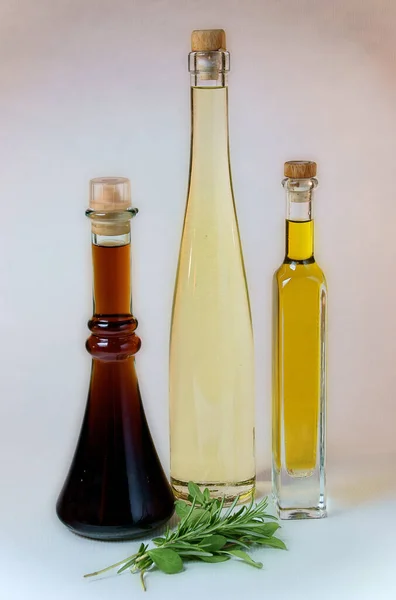 Olive Oil Bottles Rosemary Garlic — Stock Photo, Image