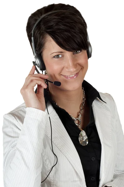 Obchodní Žena Sluchátky Telefonem — Stock fotografie