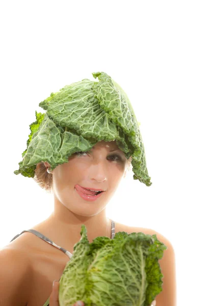 Young Woman Green Cabbage — Stock Photo, Image