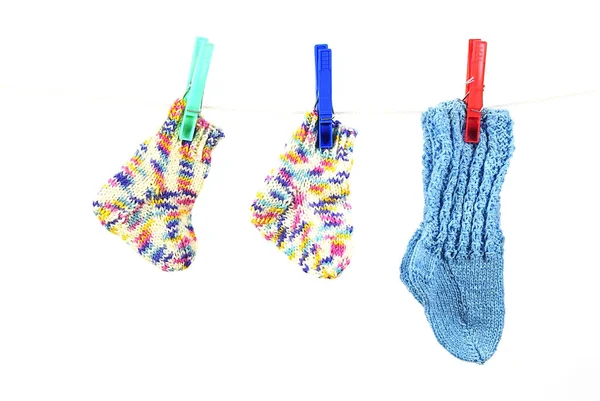 Socks Hanging Clothesline Isolated White — Stock Photo, Image