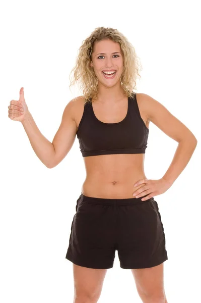 Młoda Kobieta Stroju Fitness Pokazuje Kciuk Górę Odizolowany Białym Tle — Zdjęcie stockowe