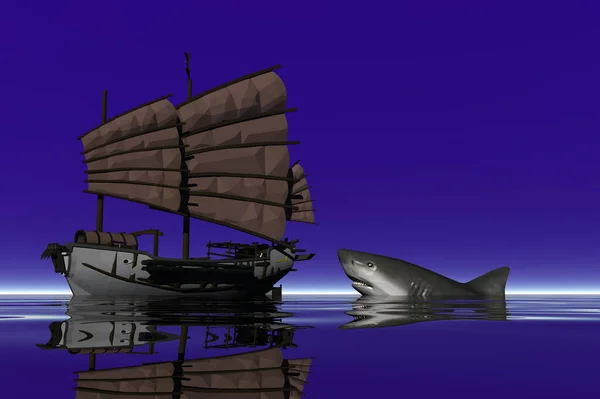 海の中の船の3Dイラスト — ストック写真