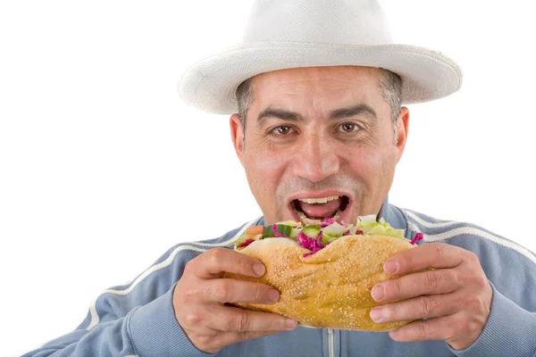 Homem Comendo Sanduíche Isolado Branco — Fotografia de Stock