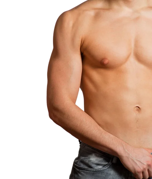 Junger Muskulöser Mann Mit Nacktem Oberkörper Auf Weißem Hintergrund — Stockfoto