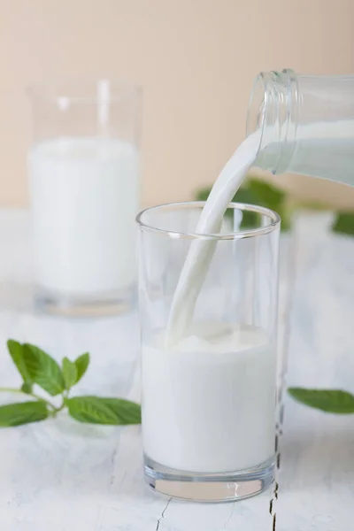 Bicchiere Latte Yogurt Fresco Con Foglie Menta — Foto Stock