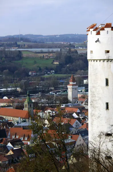 Vista Veitsburg Ravensburg Esquerda Para Direita Torre Jodok Igreja Pintado — Fotografia de Stock