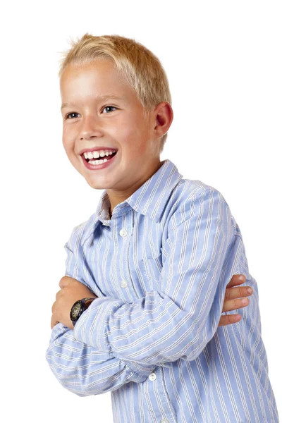 Portret Van Een Lachende Jongen Geïsoleerd Witte Achtergrond — Stockfoto