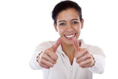 happy,laughing woman shows both thumbs up. Free frame on a white background. clipart