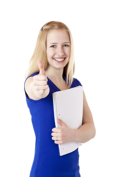 Portrait Young Pretty Student Wearing College Block Freed White Background — Stock Photo, Image