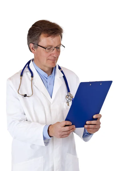 Attractive Elderly Doctor Reads Thoughtful Patient File Clipboard Freed White — Stock Photo, Image