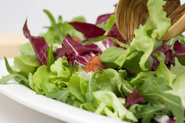 Insalata Estiva Piatto Bianco Con Insalatiere — Foto Stock