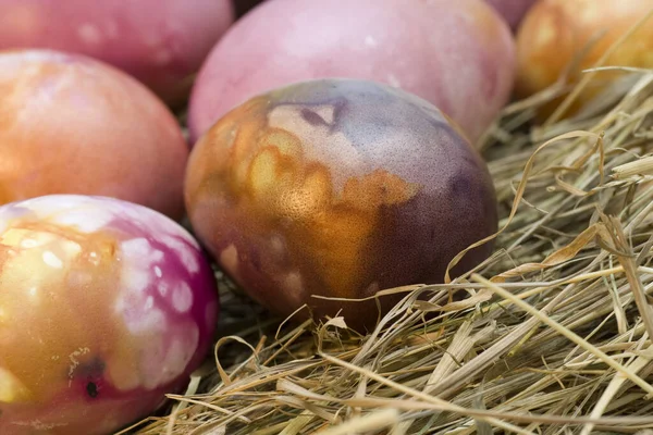 Fond Avec Des Œufs Pâques Colorés Paille — Photo