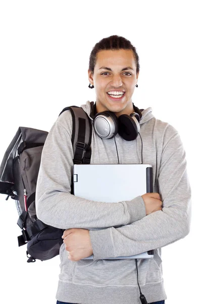 Estudante Pele Escura Com Fones Ouvido Segurando Laptop Sorridente Isenção — Fotografia de Stock