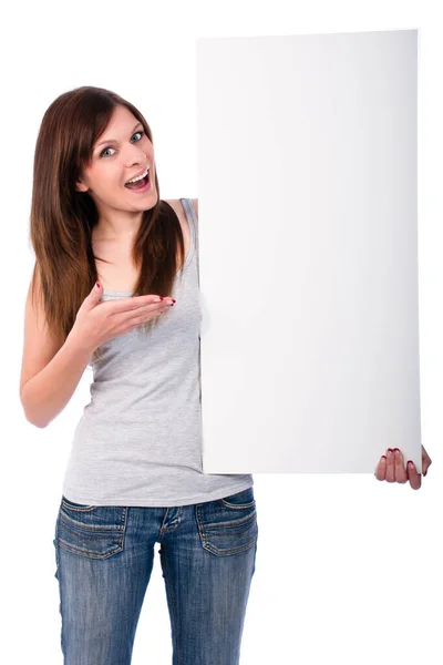 Beautiful Young Woman Points Sign — Stock Photo, Image