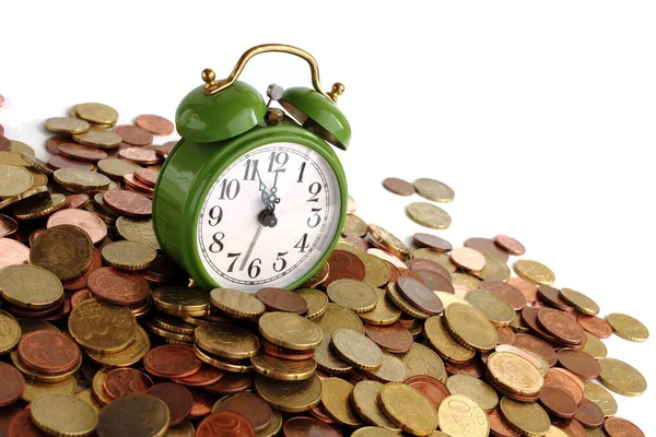 Relógio Despertador Verde Velho Com Moedas Euro — Fotografia de Stock