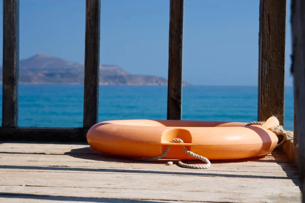 Rescue Ring Orange Wooden Blanks Beach Crete Greece — Stock Photo, Image