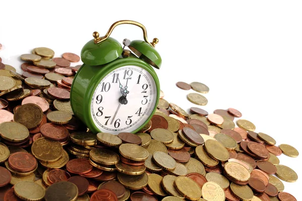 Old Green Alarm Clock Euro Coins Stock Image