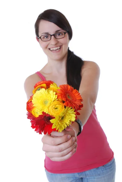 Woman Giving Flowers Selective Focus Royalty Free Stock Images