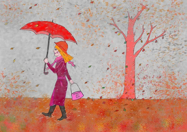 Женщина Выходит Прогулку Бурную Осеннюю Погоду — стоковое фото