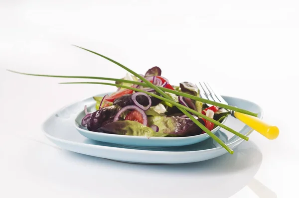 Gemischter Salat Auf Hellblauem Teller — Stockfoto