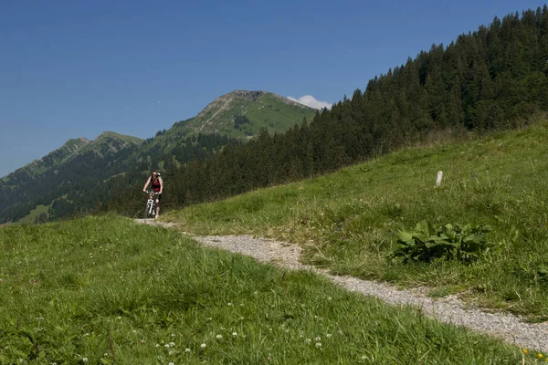 Mulher Anda Bicicleta Montanha Uma Trilha Allgu — Fotografia de Stock