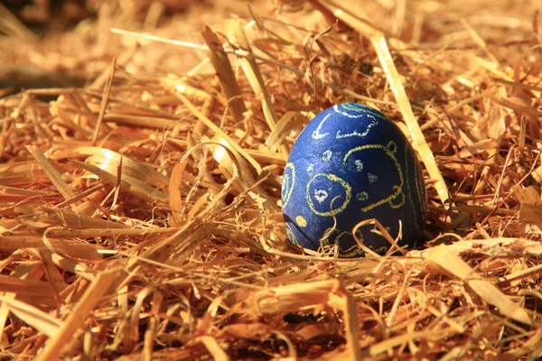Huevo Pascua Pintado Azul Nido Paja —  Fotos de Stock