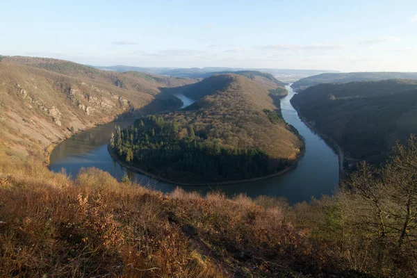 Saarschleife Saar Orscholz Wasser Winter Bewölkt Nebelbäume Blick Saarland Cloef — Stockfoto