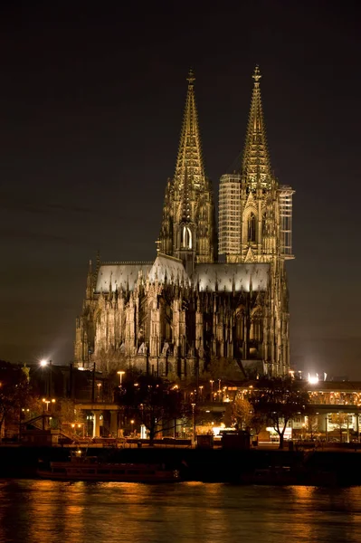 Köln Katedrális Éjjel Kép Rajna Bal Partján Köln Deutz Járás — Stock Fotó
