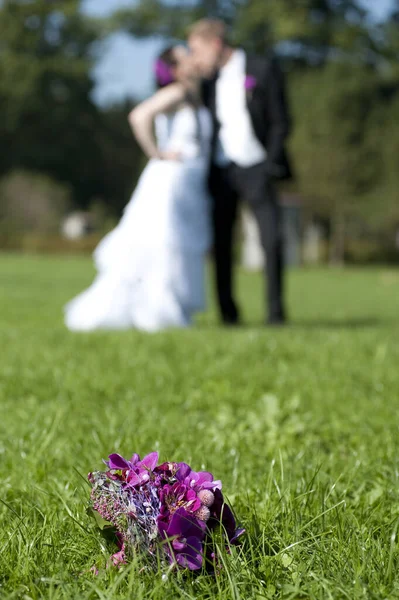 Casal Casamento Parque Com Flores — Fotografia de Stock