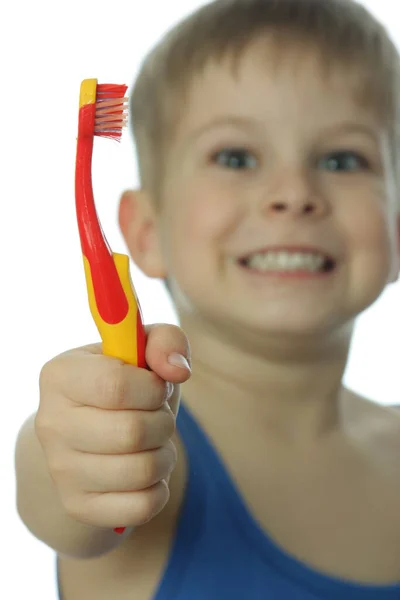 Elinde Diş Fırçası Olan Bir Çocuk — Stok fotoğraf