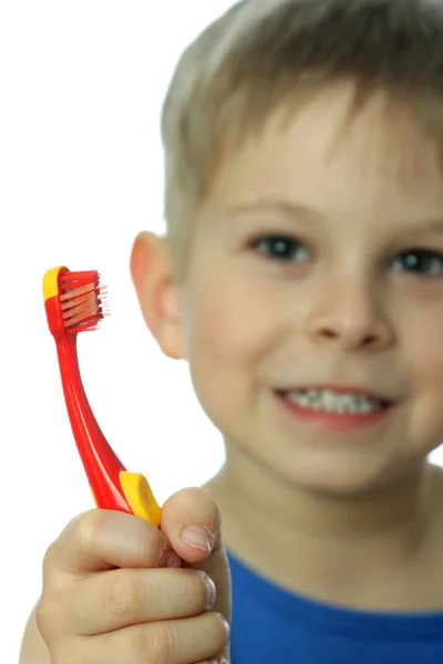 Çocuk Diş Fırçasıyla Dişlerini Fırçalıyor — Stok fotoğraf