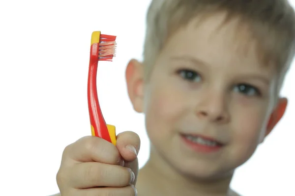 Beyaz Arka Planda Diş Fırçası Olan Çocuk — Stok fotoğraf