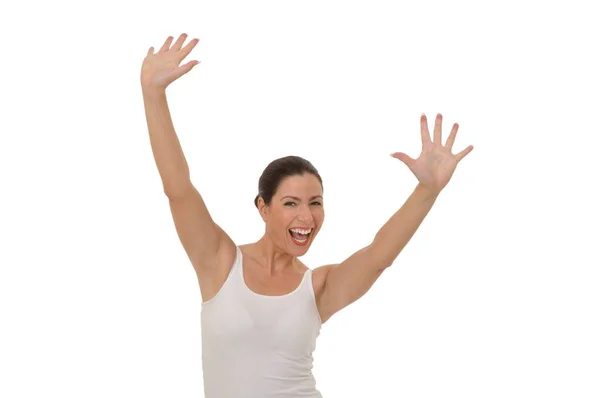 Woman White Top Raises Her Arms Stock Picture