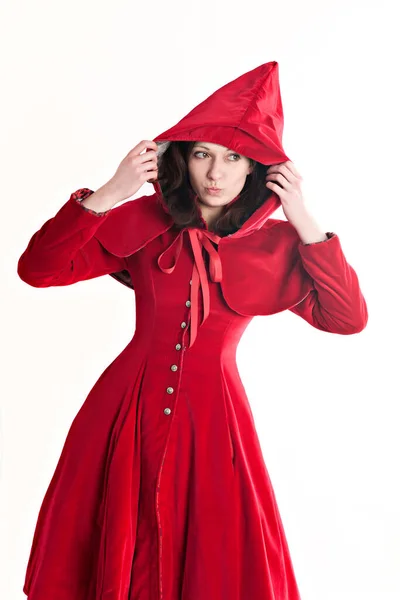 Halbkörper Einer Jungen Frau Rotkäppchen Mantel Vor Weißem Hintergrund — Stockfoto