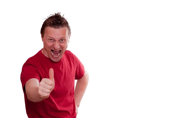 Very Motivated Man Red Shirt Keeps Thumbs Does Roar Stock Picture