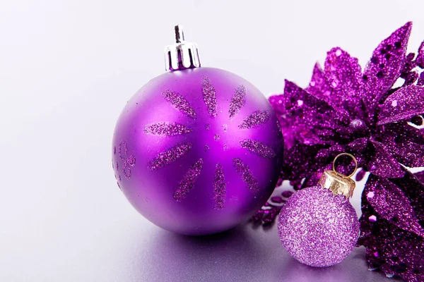Festive Christmas Decorations Purple Christmas Tree Baubles Silver Background Text — Stock Photo, Image