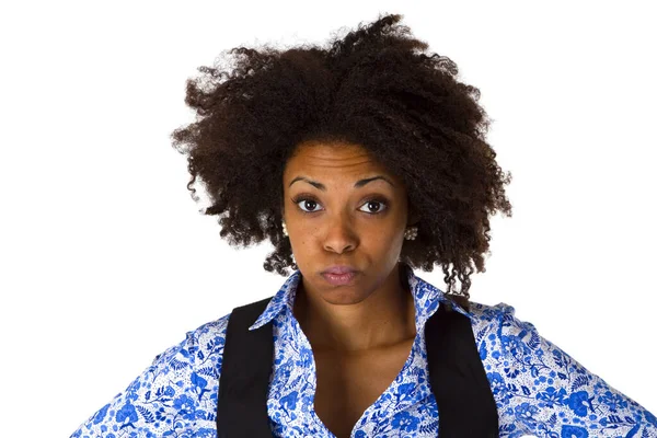 Afro Amerikaanse Vrouw Met Een Mond Bevrijd Een Witte Achtergrond — Stockfoto