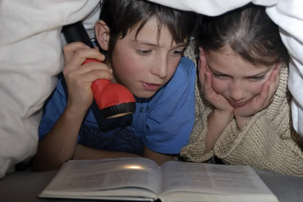 Два Хлопчики Читають Книгу Вдома — стокове фото