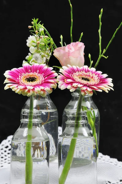 Bouquet Pink White Peonies Glass Vase Black Background — Stock Photo, Image