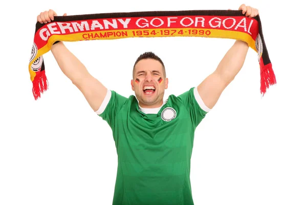Futbol Fanatiği Havada Bir Alman Atkısı Tutuyor Görünüşe Göre Çığlık — Stok fotoğraf