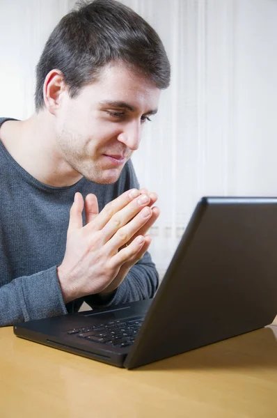 Side Upper Body Shot Young Man Laptop Sitting Table Looking — Stock Photo, Image