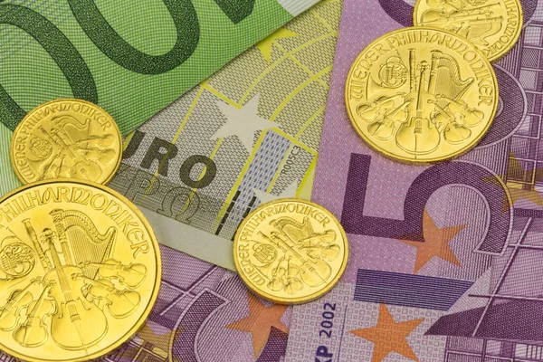 Monete Oro Dal Motivo Austriaco Filarmonica Vienna Sulle Banconote Euro — Foto Stock