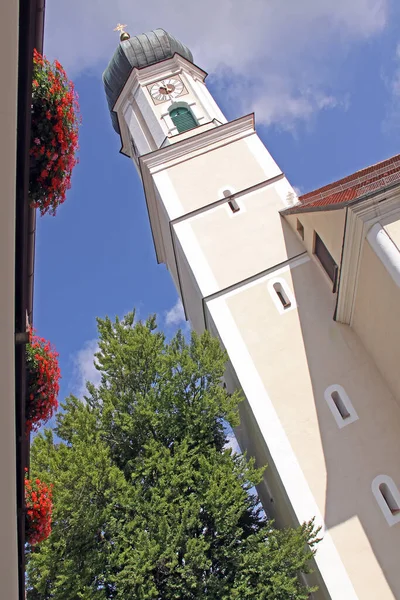 Torre Iglesia Parroquial San Pedro Pablo Oberammergau —  Fotos de Stock