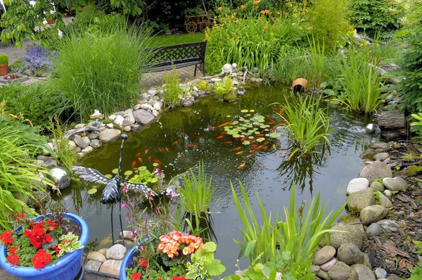 Garden Pond Goldfish Flower Pots Garden Decoration — Stock Photo, Image